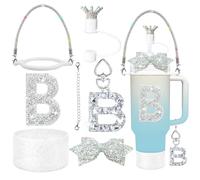 8Pcs Silvery Stanley Cup Accessories Set for Stanley Cup 30&40 Oz Tumbler, Silicone Straw Cover Cap and Boot, Handle Letter Charm, Bow Decoration Initial Sticker, Diamond Water Bottle Handle Strap (B)