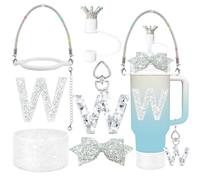 8Pcs Silvery Stanley Cup Accessories Set for Stanley Cup 30&40 Oz Tumbler, Silicone Straw Cover Cap and Boot, Handle Letter Charm, Bow Decoration Initial Sticker, Diamond Water Bottle Handle Strap (W)