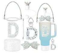 8Pcs Silvery Stanley Cup Accessories Set for Stanley Cup 30&40 Oz Tumbler, Silicone Straw Cover Cap and Boot, Handle Letter Charm, Bow Decoration Initial Sticker, Diamond Water Bottle Handle Strap (D)