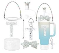 8Pcs Silvery Stanley Cup Accessories Set for Stanley Cup 30&40 Oz Tumbler, Silicone Straw Cover Cap and Boot, Handle Letter Charm, Bow Decoration Initial Sticker, Diamond Water Bottle Handle Strap (T)