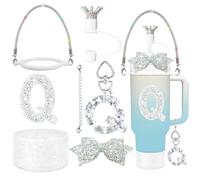 8Pcs Silvery Stanley Cup Accessories Set for Stanley Cup 30&40 Oz Tumbler, Silicone Straw Cover Cap and Boot, Handle Letter Charm, Bow Decoration Initial Sticker, Diamond Water Bottle Handle Strap (Q)