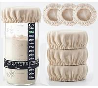 8Pcs Sourdough Starter Jar Covers Cloth Kit, 6 Reusable Linen Covers with Thermometer & Feeding Tracker, Fits 3-4 Inches Wide Mouth Glass Jars, Baker Essential Set Washable Cotton Bowl Tops Pack