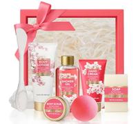 8PCS Spa Gift Basket for Women, Cherry Blossom Bath and Body Set for Her, Wife, Girlfriend, Mom, Self Care Basket with Face Mask Brush, Long Loofah, Birthday Gifts Christmas Gifts for Her