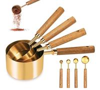 8PCS Stainless Steel Measuring Cups and Spoons Set, Gold Measuring Cups and Spoons with Wooden Handle for Cooking Baking Kitchen Tool.
