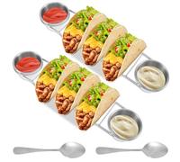 8Pcs Stainless Steel Taco Holder Set - Rustproof Sturdy Food Grade Oven Safe Dishwasher Safe, with Spoon Salad Cup, Serving Tray for Mexican Dishes Toppings Tacotuesday Wedding Registry Gift(silver)