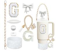 8PCS Stanley Cup Accessories Set for Stanley Cup 30oz 40oz Tumbler with Handle,Including Straw Topper Cover Cap and Boot,Spill Proof Stopper,Handle Charm,Initials Sticker (White G)