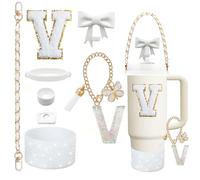8PCS Stanley Cup Accessories Set for Stanley Cup 30oz 40oz Tumbler with Handle,Including Straw Topper Cover Cap and Boot,Spill Proof Stopper,Handle Charm,Initials Sticker (White V)