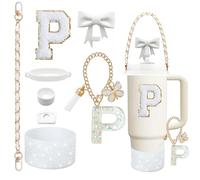 8PCS Stanley Cup Accessories Set for Stanley Cup 30oz 40oz Tumbler with Handle,Including Straw Topper Cover Cap and Boot,Spill Proof Stopper,Handle Charm,Initials Sticker (White P)
