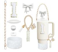8PCS Stanley Cup Accessories Set for Stanley Cup 30oz 40oz Tumbler with Handle,Including Straw Topper Cover Cap and Boot,Spill Proof Stopper,Handle Charm,Initials Sticker (White I)