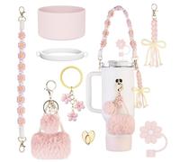 8Pcs Stanley Tumbler Accessories Kit, Reusable Straws Cover, Non-Slip Boot and Handle Strap for 30oz and 40oz Cups, Pink Charm Decor Set