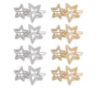 8PCS Star Hair Clips for Women & Girls, Rhinestone Crystal Hair Pins, Non-Slip Hollow Double Star Barrettes, Elegant Gold & Silver Geometric Hair Accessories for Curly, Straight, Long & Short Hair