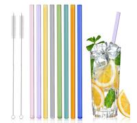 8Pcs Straight Glass Drinking Straws Set, 20cm Multicolour Reusable | Includes 2 Cleaning Brushes, Smooth Rounded Tips, Sturdy Build for Bubble Tea, Boba, Iced Coffee, Smoothies and Beverages