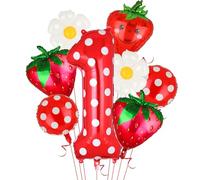 8Pcs Strawberry 1st Birthday Foil Balloons 40 Inch Sweet One Birthday Decorations For Girls Red Polka Dot Strawberry Number 1 Mylar Balloon Daisy Fruit Berry First Party Supplies