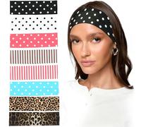 8Pcs Stretchy Headbands for Women's Hair, Polka Dot Headbands, Striped Headband & Leopard Print Headband for Girls, Soft Sports Headbands for Yoga, Running & Daily Wear