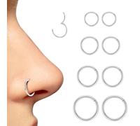 8pcs Thin Small Black Nose Ring Hoops, 316L Surgical Steel Hinged Segment Rings, for Septum, Daith, Tragus, Lip Piercing Jewelry (16G, 6mm, 8mm, 10mm, 12mm, Silver Color)