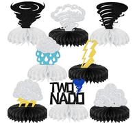 8Pcs Two Nado Birthday Honeycomb Centerpiece 2 Years Old Birthday Decorations Tornado Baby Shower Decoration Weather Storm Theme Birthday Anniversary Party Supplies Gold Silver Black Glitter