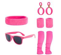 8PCS Vintage Disco Party Set Groovy Yoga Glasses Headband Wristbands Leg Warmers Earrings for Disco Night Cosplay Neon Rave, Rose Red, One Size