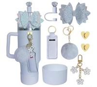 8PCS Water Cup Accessories Set with Glitter Bow and Pompom Flower Pendant for 30oz 40oz Tumblers, Silicone Straw Cap and Bag Charm(white)