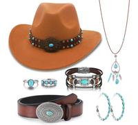 8Pcs Western Cowgirl Costume Set, Cowgirl Accessories for Women with Cowboy Hat Bohemian Turquoise Bracelet Necklace Dangle Earrings Knuckle Rings Vintage Leather Belt for Halloween Cosplay Party