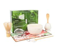 8Pcs White Matcha Set-Ceramic Matcha Bowl, Matcha Whisk with Sakura Charm Complete Japanese Matcha Kit with Whisk, Scoop, Sifter & Cloth