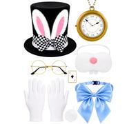 8Pcs White Rabbit Costume ,Bunny Costume Accessory with Rabbit Top Hat | Bow Tie, Oversized Clock, Bunny Nose, Gloves, Tail,Glasses, Card Brooches for World Book Day,Halloween Cosplay Party