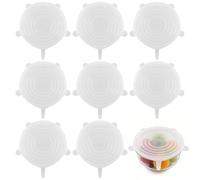8pcs White Silicone Stretch Lids Food Covers, 9.5cm, Reusable Silicone Lids with Lock Tight Seal for Yogurt Pots & Tins, Microwave/Dishwasher Safe Universal Can Covers for Kitchen, Office, Travel