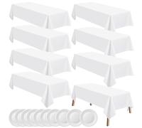 8pcs White Table Cloth Party Set,Disposable Table Cloths 274x137cm, with 10pcs 6-inch Plates,Plastic Cover Disposable Opaque Tablecloths,Spill-Resistant,Reusable,for Parties,Wedding,Birthday,Holiday
