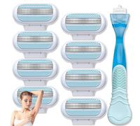 8PCS Women's Razor Blades Refills With Blue Handle,Women Razors For Shaving,Razor Heads Women,3 Layer Head & Pivoting Head,Smooth Womens Razors For Smooth Shave,Effortless,Washable & Easy To Replace