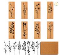 8PCS Wooden Printing Stamps with 20 PCS Kraft Postcard, Vintage Wooden Rubber Stamps Plant and Flower Decorative Scrapbook Rubber Stamps for Card Making Scrapbooking DIY Crafts