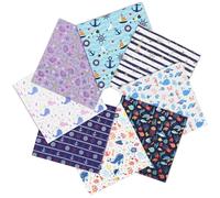 8Piece Ocean Fabric Fat Quarter Bundle - Nautical Sea Themed Sharks Fish Seashells Starfish Anchors Squares Precut Cloth for Quilting, Patchwork, Sewing Projects, Coastal Beach DIY Craft Application