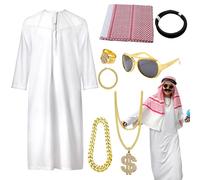 8pieces Arab Sheik Costume Adult Men,Funny Dress Arabian Costumes for Men,White Long Tunic Headdress Sunglasses Necklace Bracelet Ring Sheikh Clothing Kit for Adults,Boyfriend,Youth,Women