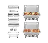 8QT 2 Pack Chafing Dish Buffet Set Stainless Chafer w/ 2 Full & 4 Half Size Pans Rectangle Catering Warmer Server with Lid