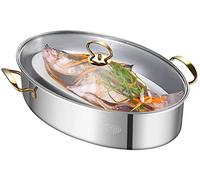 8Qt Oval Fish Steamer, 304 Stainless Steel Steamed Fish Pot Cookware with Rack, Ceramic Pan, Chuck for Steaming Fish, Boiling Soup,Gold