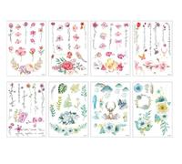 8sheets Hand-Painted Flower Candle Temporary Tattoo Stickers, Waterproof Sweat Stickers, Fresh And Cute Rose Flowers And Butterflies 3D