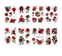 8sheets Rose Temporary Tattoo Stickers, Vibrant Blood-Red Roses, Thorn Flowers, Skulls, Dark Party/Prom Horror Temporary Tattoos