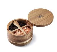 8SOM Acacia Salt and Pepper Box with Swivel Lid and Embedded Spoon, Magnetic Closure Lid to keep the dust out, Salt Cellar Bowl Container to Storage Pepper Spice Herb Sea Salt, Dual 5 Oz Capacity