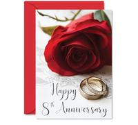8th Anniversary Card for Women Men - Gold Rings Red Rose - Happy Wedding Anniversary Cards for Mum Dad Brother Sister Son Daughter, A5 Greeting Cards