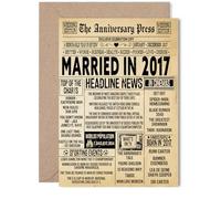 8th Anniversary Card for Women Men - Vintage Newspaper Married in 2017 - Happy 8 Year Wedding Anniversary Card for Husband Companion Wife Partner, 5x7 Inch Anniversaries Greeting Cards