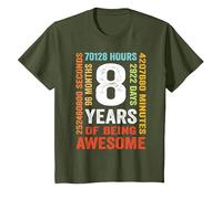 8th Birthday 8 Years Old Vintage Retro 96 Months T-Shirt, Youth, Olive Green, Medium