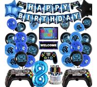 8th Birthday Banner Decorations Kids - Blue Gaming Party Decor Set with Controller Foil Balloons, Happy Birthday Banners Balloon Cake Topper for Boys 8 Years Old Party Supplies