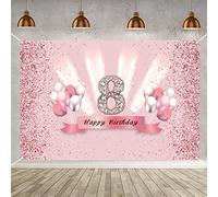 8th Birthday Banner Rose Gold Party Decoration for Girls - Fabric Sign Poster for Anniversary Table - Glitter Pink