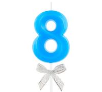8th Birthday Candle Blue Bow Number 8 Candles Cake Topper Decorations Happy Birthday for Child Boy Girls Anniversary Celebrations Party Supplies