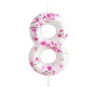 8th Birthday Candle Cherry Blossom Number 8 Candle Cherry Blossom Cake Decoration Birthday Party Supplies White Pink Sakura Themed Cake Topper Decoration for Kids Boy Girl Party Decor Supplies