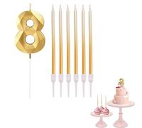 8th Birthday Candle Gold Number 8 Candle for Birthday Cake with Gold Long Candles, Gold 8 Candle for Cake Birthday Cake Topper Decorations for Girls Boys Birthday Wedding Anniversary Party