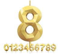 8th Birthday Candles, Number 8 Candle, Gold Birthday Candles for Cake, Diamond 3D Happy Birthday Cake Candle Decorations for Birthday Party Wedding Anniversary Celebration Supplies