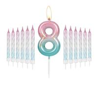 8th Birthday Candles Pink to Blue Gradient Candle with 12Pcs Gradient Spiral Candle for Number 8 Cake Toppers, Unscented