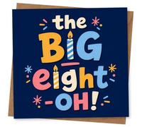 8th Birthday Card, Big Eight-OH Birthday Card for 80th Fun Bold Typography with Candle Design, Special Milestone Greeting