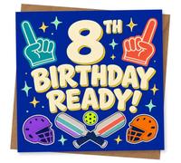 8th Birthday Card, Birthday Ready! Cricket Bats & Helmets | Big “8th Birthday Ready!” slogan with foam fingers, crossed cricket bats, two helmets and colourful stars.