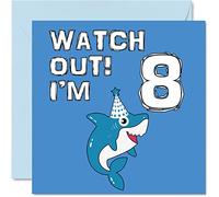 8th Birthday Card Boy - Shark Watch Out - Happy Birthday Card 8 Year Old Boy, Boys Cards for Him, 145mm Greeting for Son Brother Grandson Nephew Cousin God Son