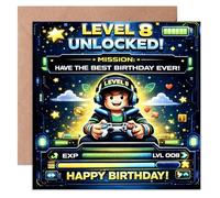 8th Birthday Card for Boy - Level 8 Unlocked Video Game Design, 14x14 cm Square Foldable Card with Kraft Envelope, Funny Children’s Card for Son Grandson Nephew